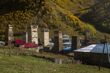 Houses, landscapes and Svan towers of Ushguli.
Ushguli is the most highland permanently inhabited community in Europe. It is located at an altitude of 2,200 meters.の写真素材