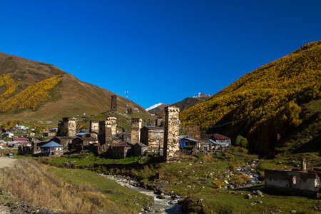 Houses, landscapes and Svan towers of Ushguli.
Ushguli is the most highland permanently inhabited community in Europe. It is located at an altitude of 2,200 meters.の写真素材
