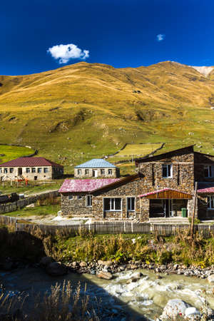 Houses, landscapes and Svan towers of Ushguli.
Ushguli is the most highland permanently inhabited community in Europe. It is located at an altitude of 2,200 meters.の写真素材