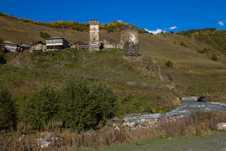 Houses, landscapes and Svan towers of Ushguli.
Ushguli is the most highland permanently inhabited community in Europe. It is located at an altitude of 2,200 meters.の写真素材