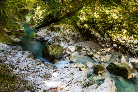 Martvil Canyon, Georgia, Kutaisi. Blue river, lakes with transparent water, waterfalls, canyon walls, overgrown with moss.の写真素材