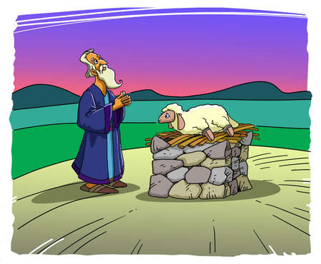 Patriarch Abraham stands near the altar and sacrifices a lambの写真素材