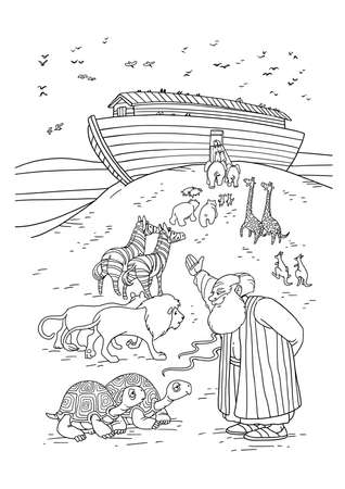 Biblical Noah invites Turtles, Lions, Zebras and other pairs of Animals to enter the Ark on the Mountainの写真素材