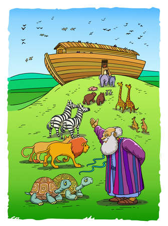 Biblical Noah invites Turtles, Lions, Zebras and other pairs of Animals to enter the Ark on the Mountainの写真素材