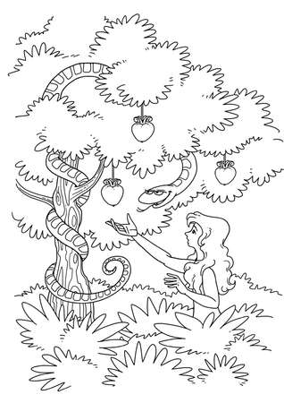 The Serpent tempts Eve to take the Forbidden Fruit from the Tree of the knowledge of good and evil in the Garden of Edenの写真素材