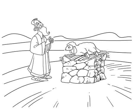 Patriarch Abraham stands near the altar and sacrifices a lambの写真素材