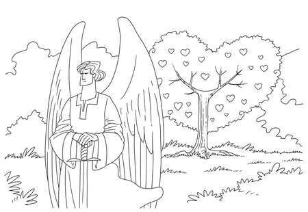 An Angel of God with a Sword guards the Entrance to the Garden of Eden to the Tree of Lifeの写真素材