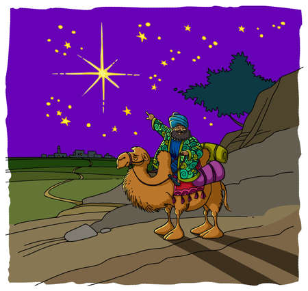 A sage on a camel points to a star in the night sky. The star indicates the birth of Christ's baby in Bethlehem.の写真素材