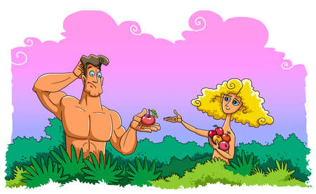 Eve gives Adam fruit from the tree of the knowledge of good and evil in the Garden of Eden. Adam takes it and he is surprised.の写真素材