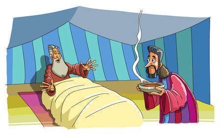 Jacob came to the Tent of his blind Father Isaac and brought Food. He wants to deceive him and take the Blessing of his Brother.の写真素材