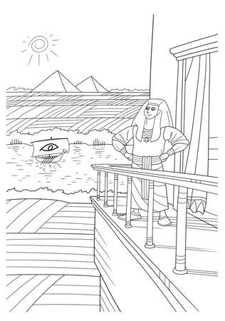 Joseph stands on the balcony of his palace and looks at Egypt, the Nile River, the fields and pyramids.の写真素材