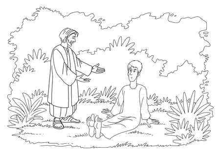 The created Adam sits before God. It is covered glow.の写真素材