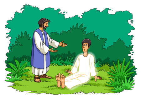 The created Adam sits before God. It is covered glow.の写真素材