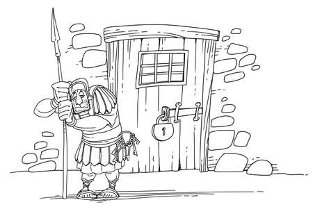 Roman soldier guards the door of the prisonの写真素材