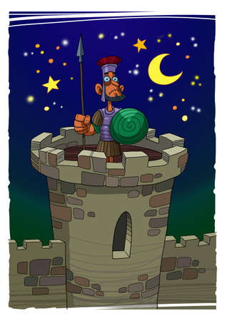 Roman soldier stands guard on a watch towerの写真素材