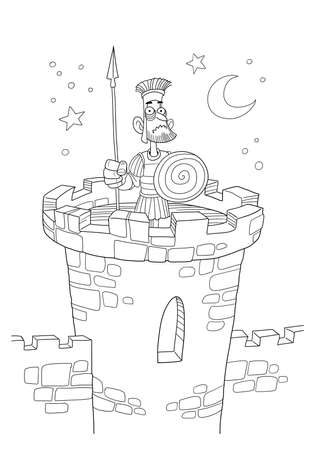 Roman soldier stands guard on a watch towerの写真素材