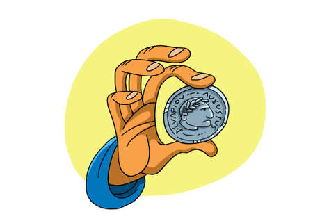 Hand holds roman coin with the image of emperor