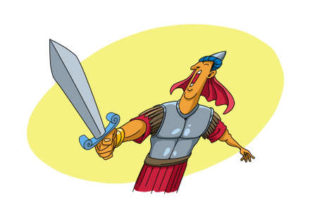 A brave soldier holds a sword and is ready to go into battleの写真素材