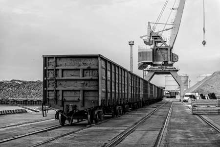 Harbor cranes and railway freight wagons.の写真素材
