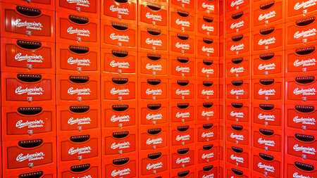 Ceske Budejovice, Czech Republic - June 30, 2016: Budvar Budweiser brewery. Wall of beer crates.