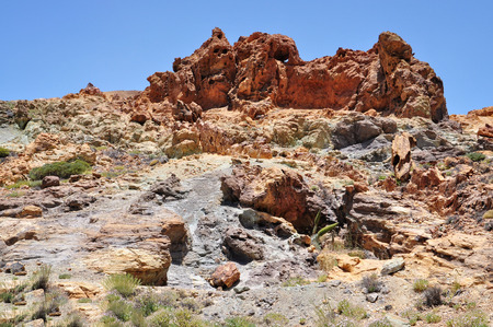 View of the famous Pico del Teide mountain with Roque Cinchado, Tenerife, Canary Islands, Spainの写真素材