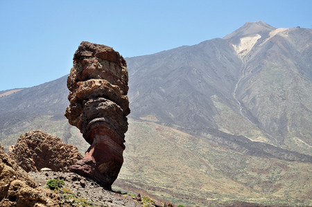 View of the famous Pico del Teide mountain with Roque Cinchado, Tenerife, Canary Islands, Spainの写真素材