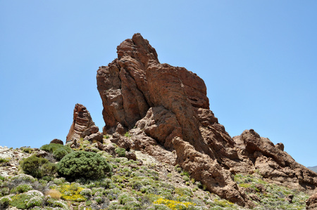 View of the famous Pico del Teide mountain with Roque Cinchado, Tenerife, Canary Islands, Spainの写真素材