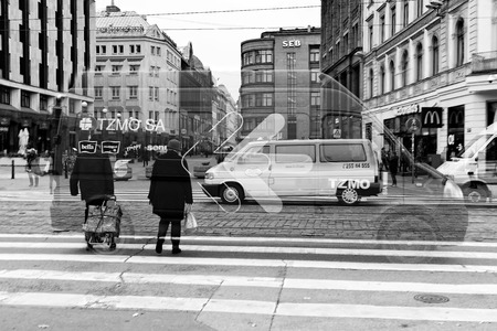 RIGA, LATVIA - OCTOBER 14, 2016: Double exposure. Abstract picture of urban rush and busy.のeditorial素材