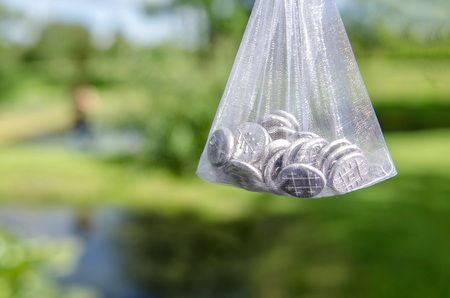 Bag with wedding day inbound souvenir coins.の写真素材