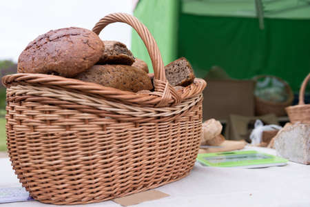 Food close-up photography. Wicker basket with bread.の写真素材