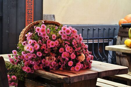 Close-up photography. Rural bouquet on a wooden table.の写真素材