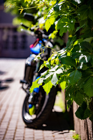 Side of the street at the door of a parked bike. A sunny day in the streets.の写真素材