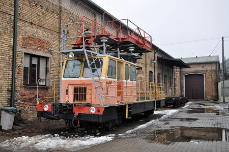 Railway transport. Old railway equipment stands at the train depot.の写真素材