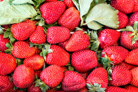 background from freshly harvested strawberries, directly aboveの写真素材