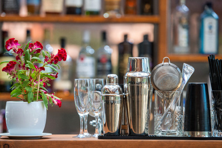 Set of bar accessories for making cocktails located on the barの写真素材
