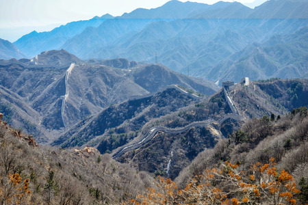 Great Chinese wall in the mountains near Beijingの写真素材