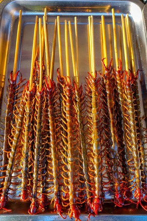 The snack street in Wangfujing, Beijing, China. Snacks with Chinese characteristics.の写真素材