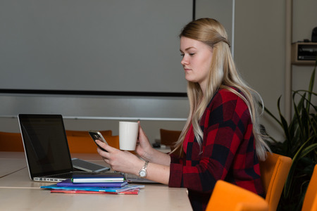 Smiling blonde woman sitting at a laptop drinking tea and working.の写真素材