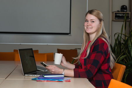 Smiling blonde woman sitting at a laptop drinking tea and working.の写真素材
