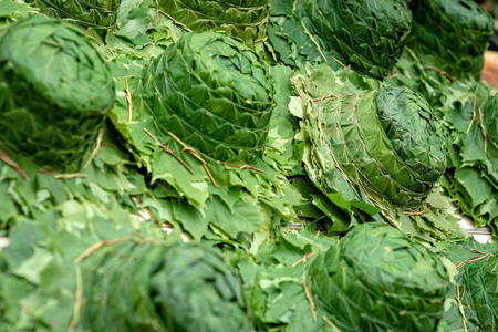 A hat made of green leafs. Close-up photograph.の写真素材