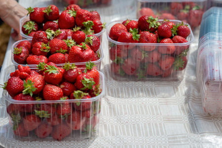 Boxes of fresh strawberries on the market table.の写真素材