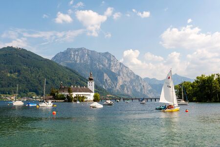 GMUNDEN, AUSTRIA, - AUGUST 03, 2018: Gmunden Schloss Ort or Schloss Orth in the Traunsee lake in Gmunden city. Schloss Ort is an Austrian castle founded around 1080 year.のeditorial素材