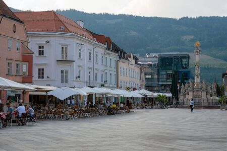 LEOBEN, STYRIA, AUSTRIA - AUGUST 06, 2018: Hauptplatz, View of Pestsaule in the central square of the city.のeditorial素材