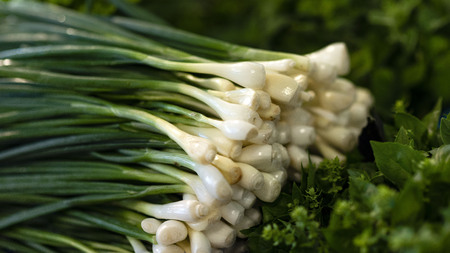Fresh onions and green salad on the market - imageの写真素材