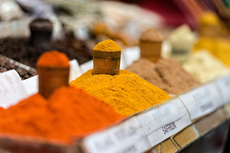 Georgia, Tbilisi, The central city market. Traps with different spices.の写真素材