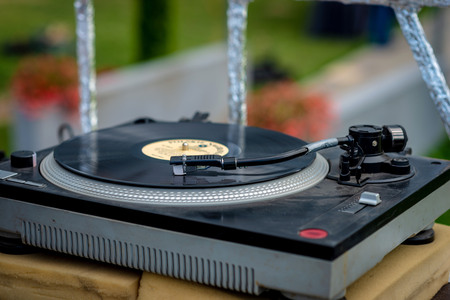 Old vinyl record player at the garden party