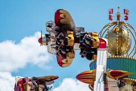 New York, USA - June 22, 2019:  Air race ride in the Luna Park amusement park at Coney Island in New...