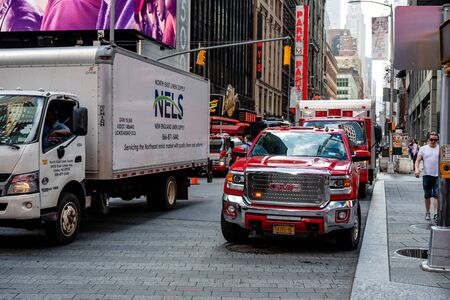 New York, USA - June 6, 2019:  NYFD Car Parked in Mid-Town Manhattan.