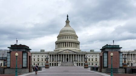Washington DC, USA - June 9, 2019:  Facade of the US Capitol Building in Washington DC on a rainy...
