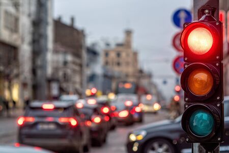A city crossing with a semaphore. Red light in semaphore - imageの写真素材